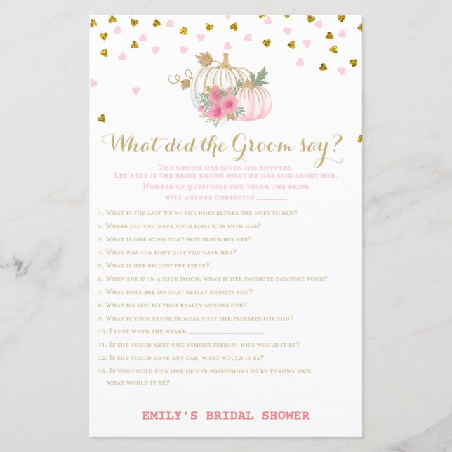 Pink and Gold Fall Bridal Shower Game, Pumpkin (Front)