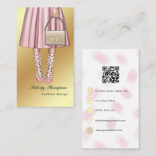 Pink and Gold Fashion Rag Trade QR Code Business Card (Front/Back)