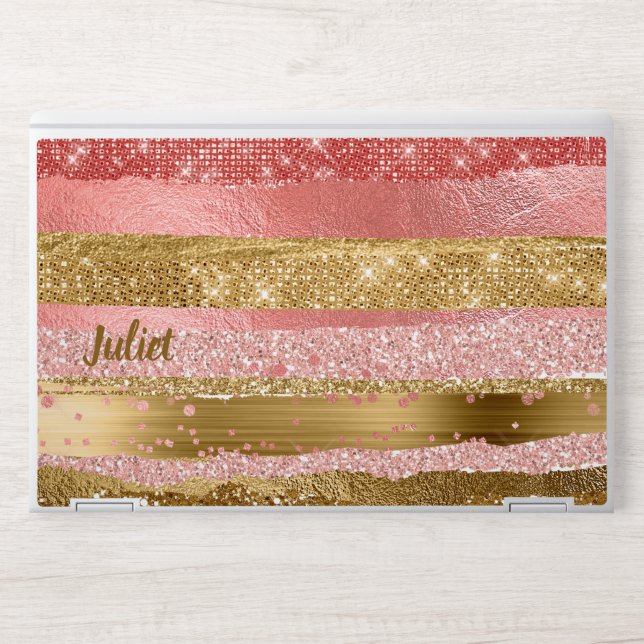 Pink and Gold Faux Foil and Glitter HP Laptop Skin (Front)