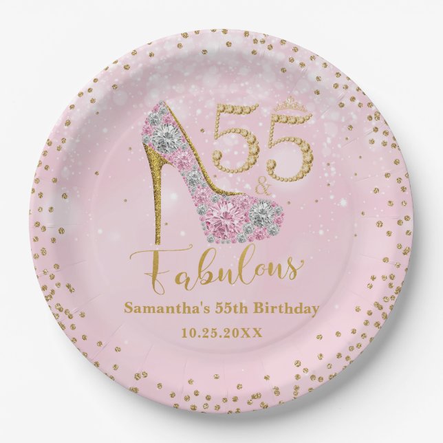 Pink and Gold Fifty Five & Fabulous 55th Birthday Paper Plates (Front)