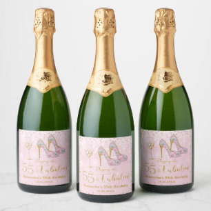 Pink and Gold Fifty Five & Fabulous 55th Birthday Sparkling Wine Label