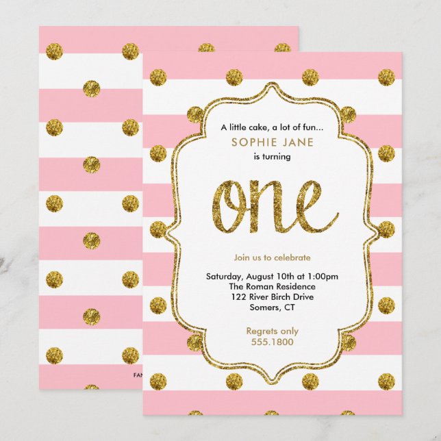Pink and Gold First Birthday Glitter Invitation (Front/Back)