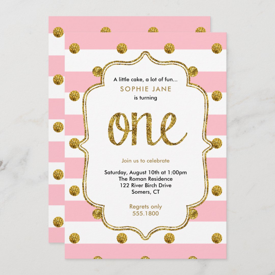 Pink and Gold First Birthday Glitter Invitation | Zazzle