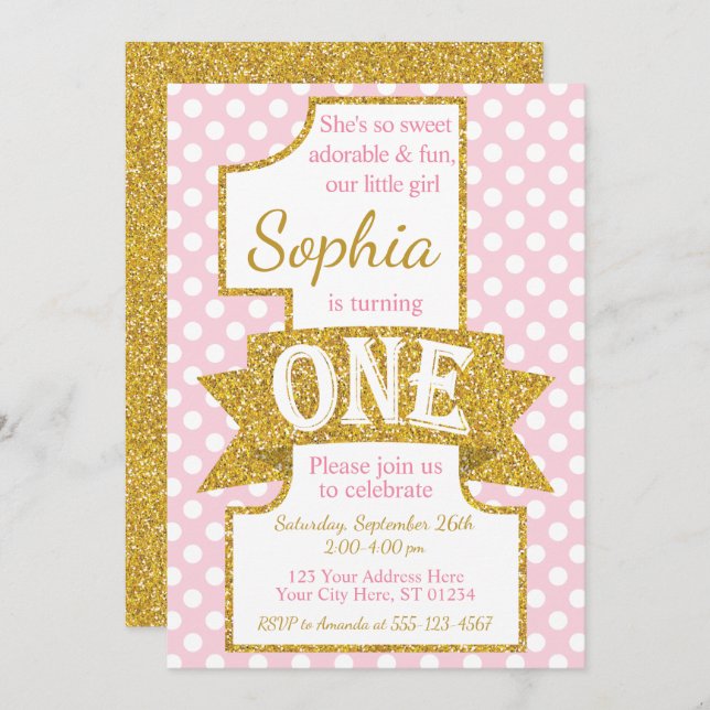 Pink and Gold First Birthday Invitation (Front/Back)