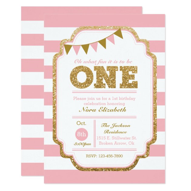 Pink And Gold First Birthday Invitation