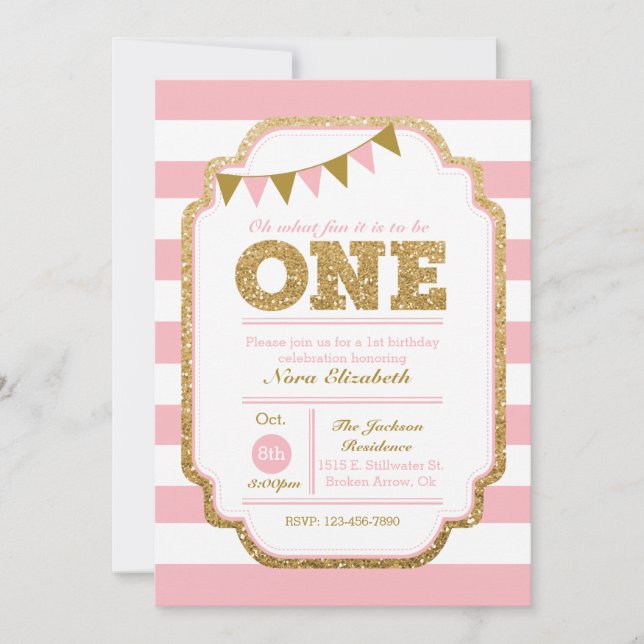 Pink and gold First Birthday Invitation (Front)