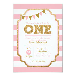 Pink and gold First Birthday Invitation