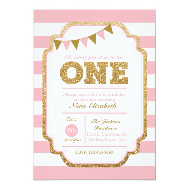 Pink And Gold First Birthday Invitation