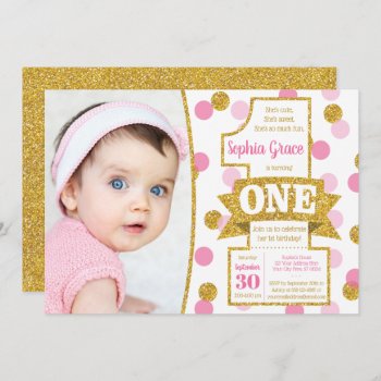 Pink And Gold First Birthday Invitation | Confetti by PuggyPrints at Zazzle