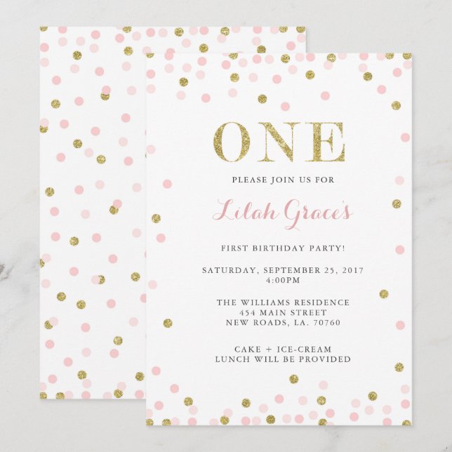 Pink and Gold First Birthday Invitations (Front/Back)