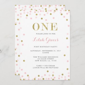 Pink And Gold First Birthday Invitations by fancypaperie at Zazzle
