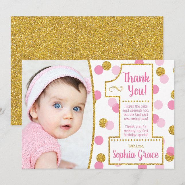 Pink and Gold First Birthday Thank You Card (Front/Back)