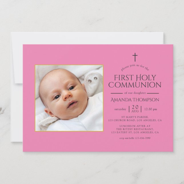Pink and Gold First Holy Communion Photo Invitation (Front)