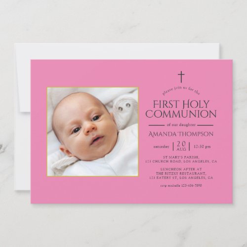 Pink and Gold First Holy Communion Photo Invitation