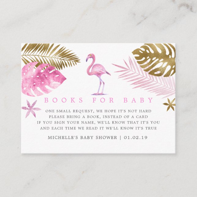 Pink and Gold Flamingo Baby Shower Book Request Enclosure Card (Front)