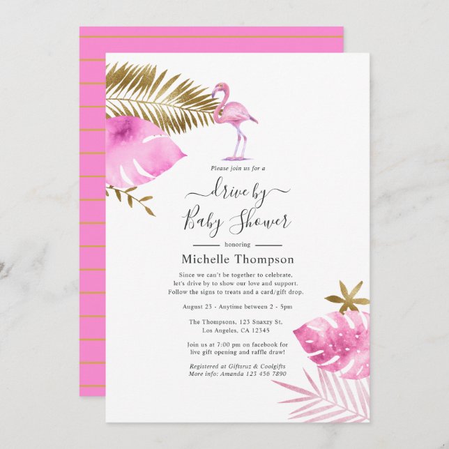 Pink and Gold Flamingo Drive By Shower Invitation (Front/Back)