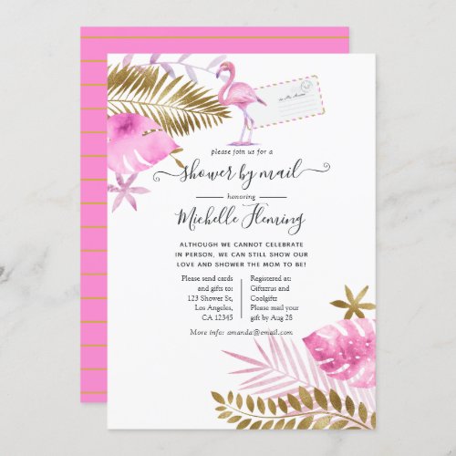 Pink and Gold Flamingo Girl Baby Shower by Mail Invitation