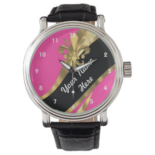 Pink and gold fleur de lys personalized watch