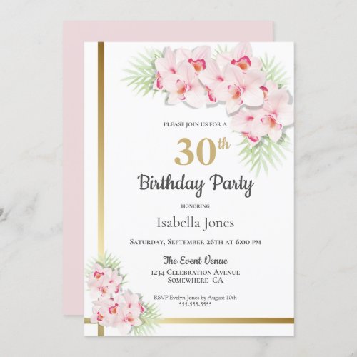 Pink and Gold Floral 30th Birthday Party Invitation