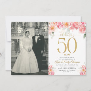 Pink and Gold Floral 50th Anniversary  Invitation