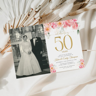 Pink and Gold Floral 50th Anniversary Invitation