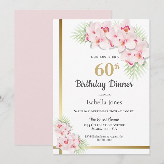 Pink and Gold Floral 60th Birthday Dinner Party Invitation (Front/Back)