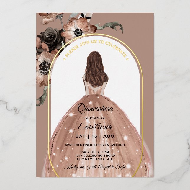 Pink and Gold Floral Arch Quinceañera Real Foil Invitation (Front)