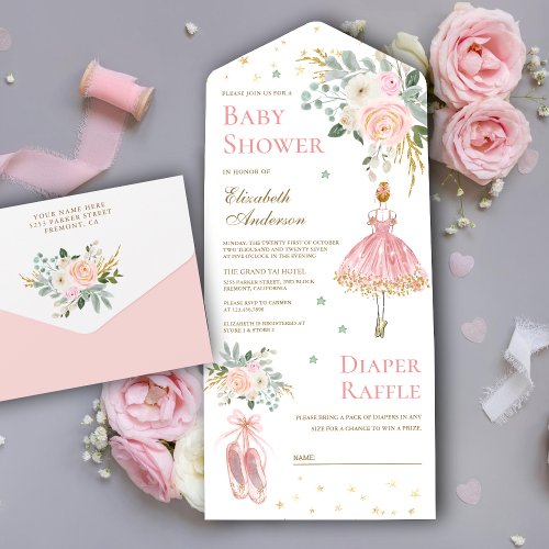Pink and Gold Floral Ballerina Baby Shower All In One Invitation