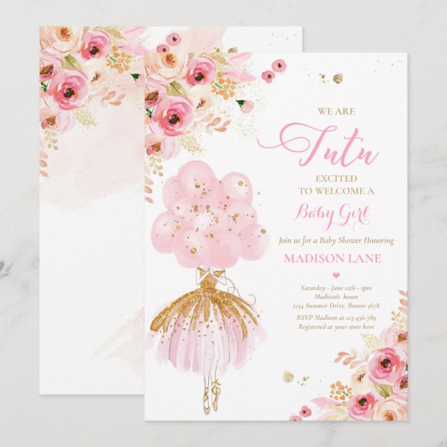 Pink And Gold Floral Ballerina Baby Shower Invitation (Front/Back)