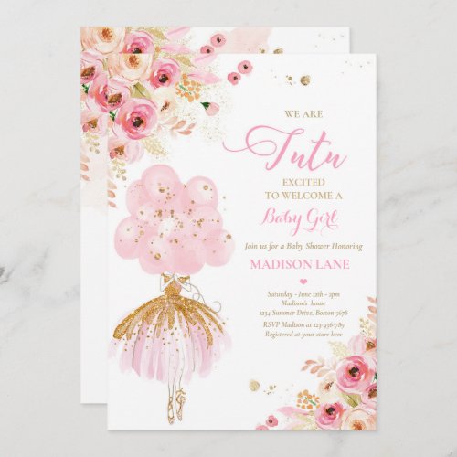 Pink And Gold Floral Ballerina Baby Shower Invitation