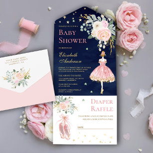 Pink and Gold Floral Ballerina Navy Baby Shower All In One Invitation