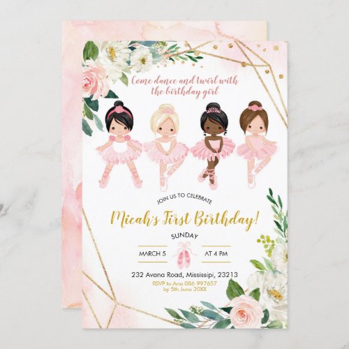 Pink and Gold Floral Ballet Girl Birthday Invitation