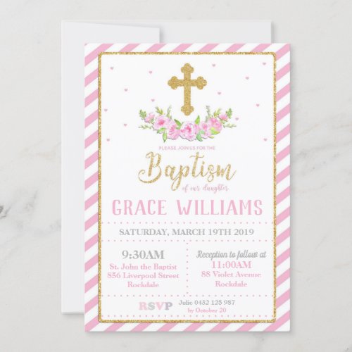 Pink and Gold Floral Baptism Invitations Girl