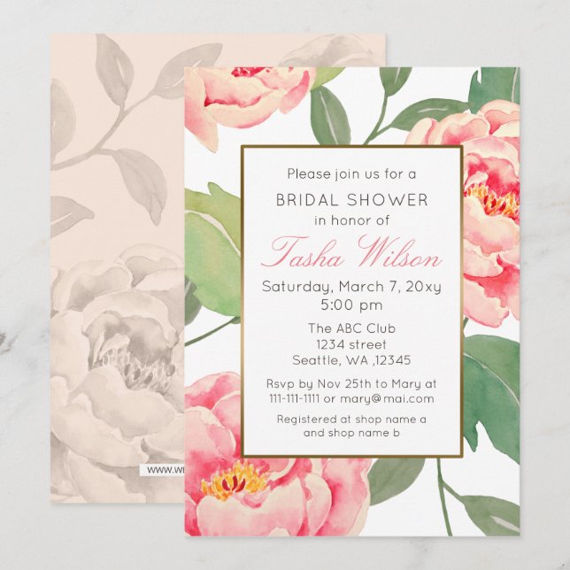Pink and Gold Floral botanical bridal shower Invitation (Front/Back)