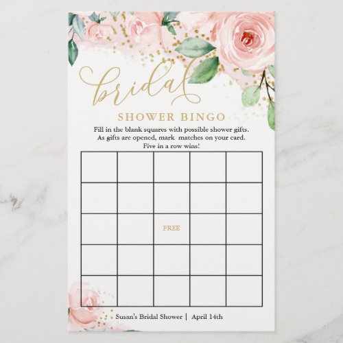 Pink and Gold Floral Bridal Bingo Game Card