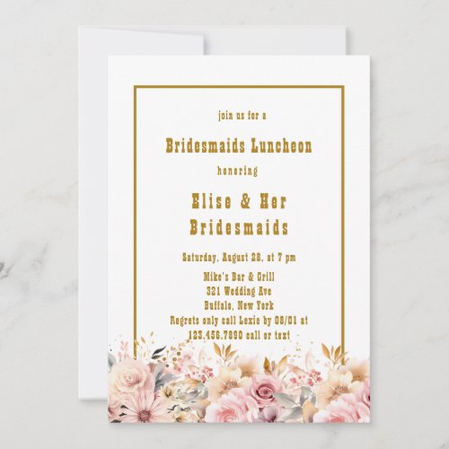 Pink and Gold Floral Bridesmaids Luncheon Invitation