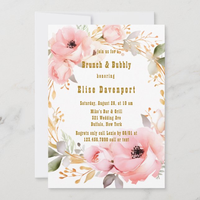 Pink and Gold Floral Brunch & Bubbly Invitation (Front)