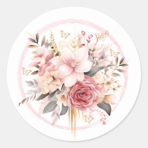 Pink and Gold Floral Butterfly Wedding Classic Round Sticker