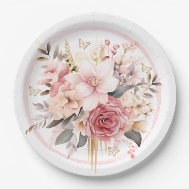 Pink and Gold Floral Butterfly Wedding Paper Plates (Front)