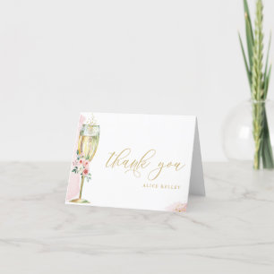 Pink and Gold Floral Champagne Glass Personalized Letterpress Thank You Card