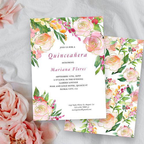 Pink and Gold Floral Chic Quinceanera Invitation