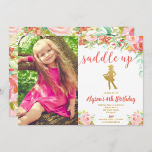 Pink and gold floral cowboy girl birthday photo invitation