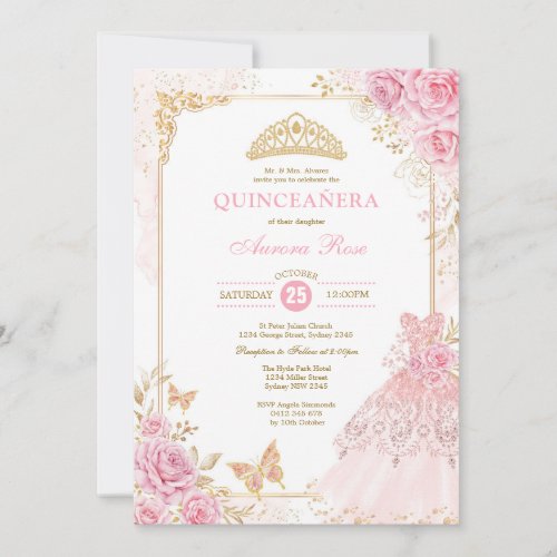 Pink and Gold Floral Crown Princess Quinceaera Invitation