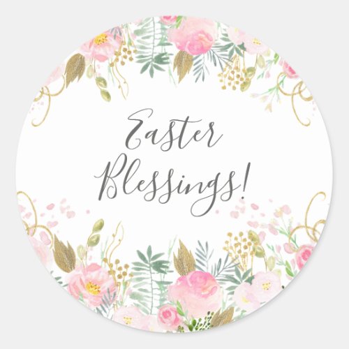 Pink and Gold Floral Easter Classic Round Sticker