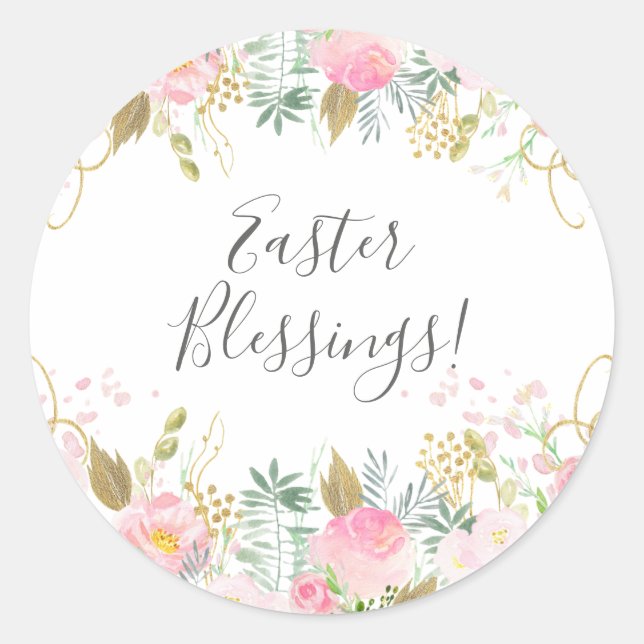 Pink and Gold Floral Easter Classic Round Sticker (Front)