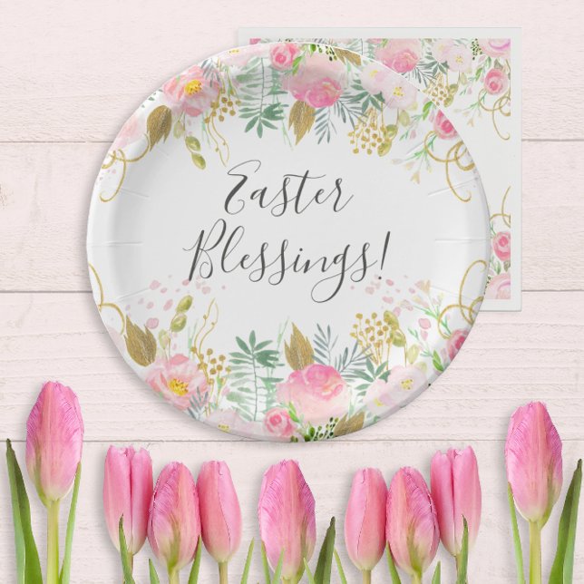 Pink and Gold Floral Easter Paper Plates (Creator Uploaded)