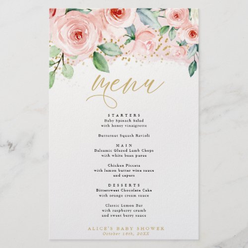 Pink and Gold Floral Event Dinner Paper Menu