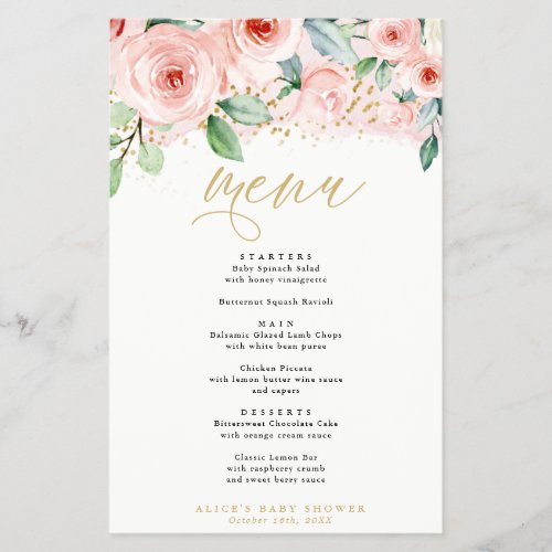 Pink and Gold Floral Event Dinner Paper Menu