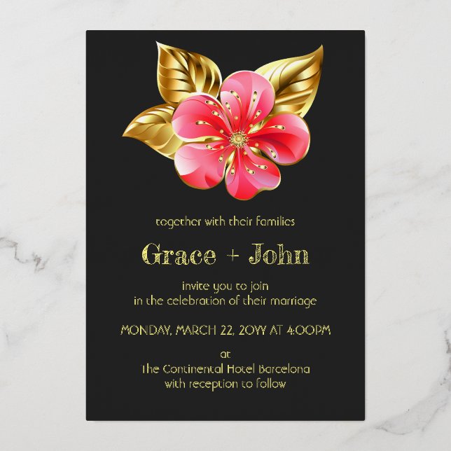 Pink and Gold Floral Foil Invitation (Front)