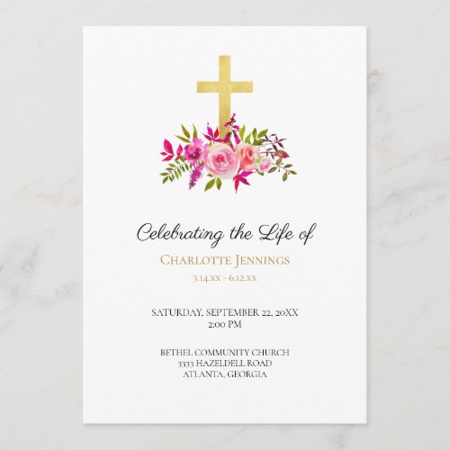 Pink and Gold Floral Funeral Order of Service Program